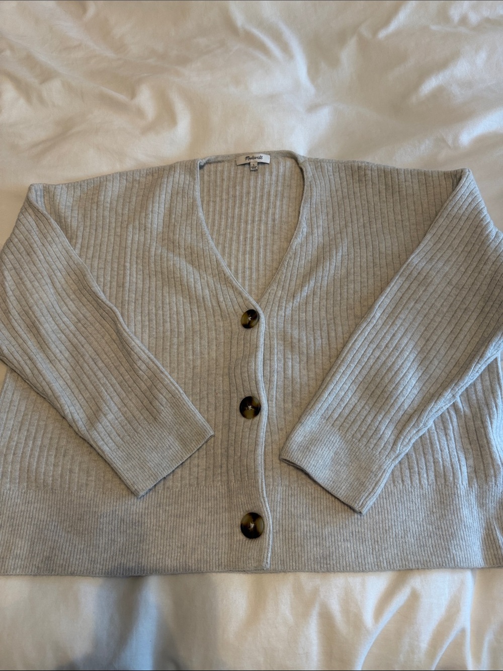 Madewell Light Gray Ribbed V-Neck Button Cardigan